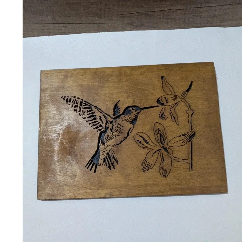 Vintage Hummingbird Floral Wood Burning‎ Wall Art Plaque Pyrography Decor 12x9